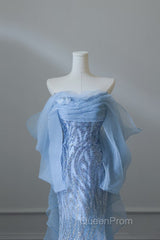 Sexy Mermaid Off The Shoulder Blue Sequin Long Evening Prom Dresses Evening Gowns