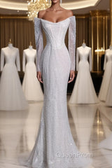 Sexy Mermaid Off The Shoulder White Sequin Long Sleeves Wedding Dresses Brides Dresses