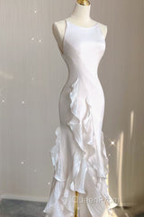 Sexy Mermaid Scoop Satin Night Party Dresses White Long Evening Prom Dresses