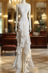 Sexy Mermaid Scoop Satin Night Party Dresses White Long Evening Prom Dresses