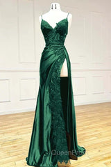 Sexy Mermaid Spaghetti Straps Dark Green Lace Backless Evening Prom Dresses Long Party Dresses