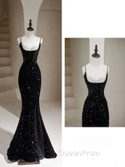 Sexy Mermaid Spaghetti Straps Sequin Black Long Evening Prom Dresses