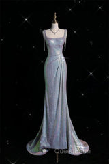 Sexy Mermaid Spaghetti Straps Sequin Silver Evening Gowns Long Evening Prom Dresses