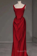 Sexy Mermaid Square Neckline Red Satin Floor Length Evening Prom Dresses