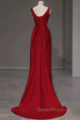 Sexy Mermaid Square Neckline Red Satin Floor Length Evening Prom Dresses