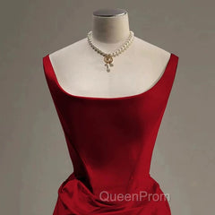 Sexy Mermaid Square Neckline Red Satin Floor Length Evening Prom Dresses