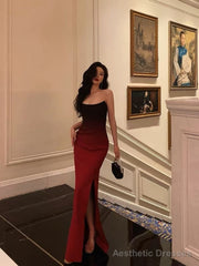 Sexy Mermaid Strapless Ombre Burgundy Satin Slit Long Prom Dresses Birthday Outfits