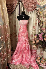 Sexy Mermaid Strapless Pink Satin Long Evening Dresses Party Dresses Evening Prom Dresses