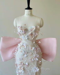 Sexy Mermaid Strapless Pink Sequin Long Floral Evening Prom Dresses Party Dresses