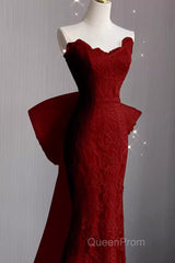 Sexy Mermaid Strapless Red Lace Long Evening Prom Dresses