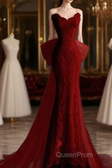 Sexy Mermaid Strapless Red Lace Long Evening Prom Dresses