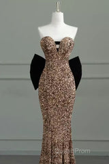 Sexy Mermaid Strapless Sequin Gold Floor Length Evening Prom Dresses