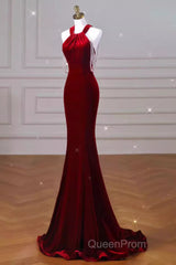 Sexy Mermaid Velvet Party Dresses Red Evening Prom Dresses
