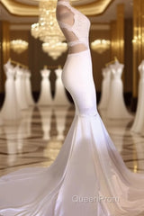 Sexy Open Back White Jersy Evening Prom Dresses With High Collar