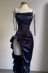 Sexy Sheath Column Spaghetti Straps Navy Blue Backless Satin Evening Prom Dresses