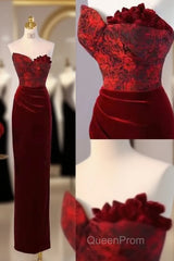 Sexy Sheath Long Senior Burgundy Velvet Evening Prom Dresses Formal Dresses