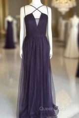 Sexy Spaghetti Straps Long Tulle Cross Back Bridesmaid Dresses