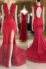 Sexy Split Backless V-Neck Lace Red Evening Prom Dresses