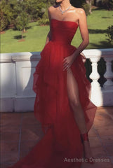 Sexy Strapless Layered Red Long Prom Dresses with High Slit,Formal Dresses,Dance Dress