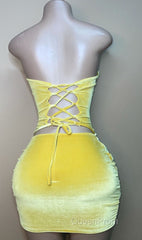 Sexy Strapless Yellow Velvet Evening Prom Dresses ,Charming Homecoming Dresses