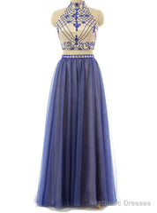 Sexy Two Piece Prom/Evening Dress Royal Blue Tulle Floor-Length Backless Beaded Party Dress