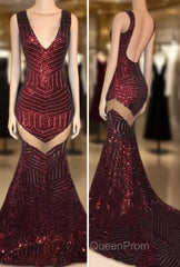 Sexy V-Neck Black Sequined Burgundy Evening Prom Dresses