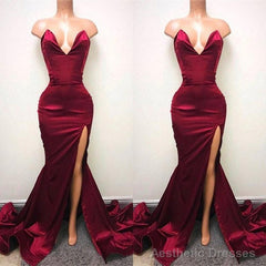 Sexy V-neck Chiffon Mermaid Prom Dress Long With Split Burgundy