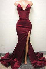 Sexy V-neck Chiffon Mermaid Prom Dress Long With Split Burgundy