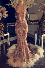 Sexy V-neck Halter Mermaid Prom Dress Gold Sequins Long Backless