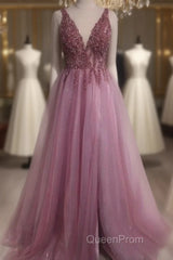 Sexy V Neck Split Tulle Long Beaded Dresses