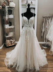 Sexy White Tulle Lace Spaghetti Straps Wedding Dress