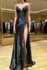 Sheath Black Long Appliques Evening Prom Dresses