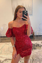 Sheath/Column Detachable Sleeves Sequins Burgundy Short Homecoming Dress