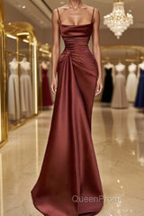 Sheath/Column Spaghetti Straps Floor-Length Elastic Woven Satin Evening Prom Dresses With Ruffles