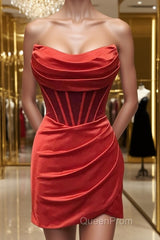 Sheath/Column Strapless Short/Mini Silk like Satin Homecoming Dresses