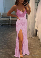 Sheath/Column V Neck Spaghetti Straps Long/Floor-Length Velvet Sequins Prom Dresses With Split