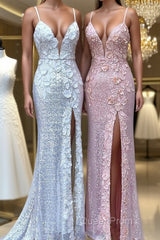 Sheath/Column V-neck Sweep Train Sequins Evening Prom Dresses With Leg Slit