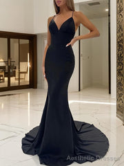 Sheath/Column V-neck Sweep Train Stretch Crepe Prom Dresses