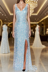 Sheath/Column V-neck Sweep Train Velvet Sequins Evening Prom Dresses With Leg Slit