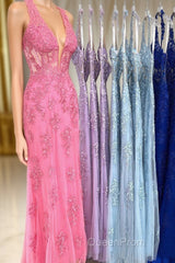 Sheath Halter Lace Tulle Evening Prom Dresses with Appliques