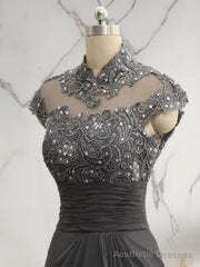 Sheath High Neck Short Sleeves Ruffles Sweep Train Chiffon Mother of the Bride Dress