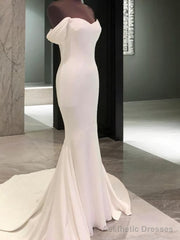 Sheath Off-the-Shoulder Short Sleeves Court Train Jersey Wedding Dress