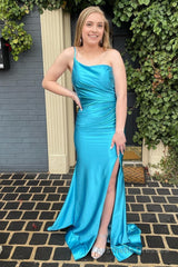 Sheath One Shoulder Sky Blue Long Prom Dress with Split Front