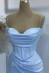 Sheath Spaghetti Straps Satin Pleated Light Blue Long Formal Dresses Bridesmaid Dresses Evening Gown Evening Prom Dresses With Slit