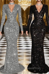 Sheath V-neck Long Sleeves Ruffles Sweep Train Velvet Sequins Dresses