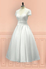 Sheer Back Satin Buttons Tea Length Cap Sleeves Wedding Dresses