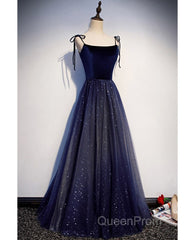 Shining Navy Blue Suede Fine Shoulder Strap Sleeveless Off Shoulder Evening Dresses With Navy Blue A-Line Princess Sequin Backless And Ground Length Ruffled Edge For Evening Dresses