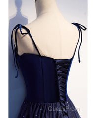 Shining Navy Blue Suede Fine Shoulder Strap Sleeveless Off Shoulder Evening Dresses With Navy Blue A-Line Princess Sequin Backless And Ground Length Ruffled Edge For Evening Dresses