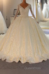 Shinny Long A-line Full Beading Lace-Up Wedding Dresses with Sleeves