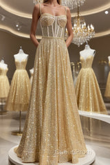 Shiny A Line Spaghetti Straps Gold Evening Prom Dresses Long, Sweetheart Neck Golden Formal Dresses, Gold Tulle Evening Dresses WT1856